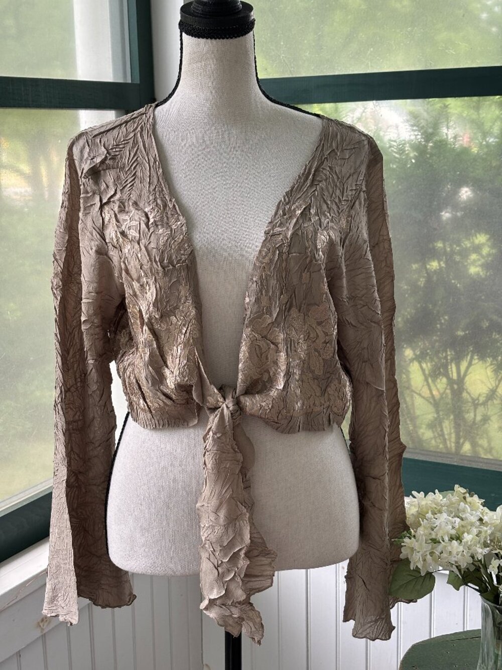 Komarov Crinkle Metallic Burnout Tie Front Jacket XL Like New